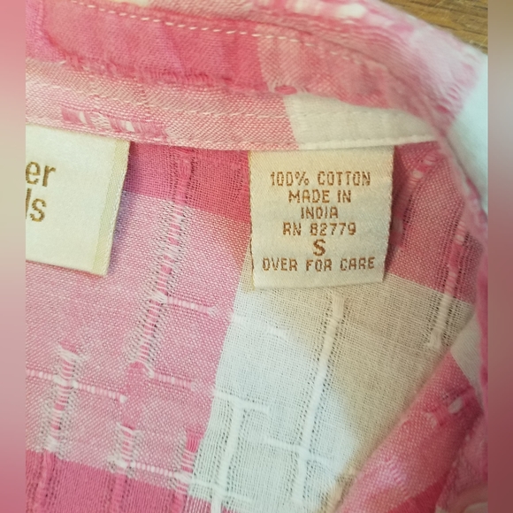 Womens Casual Button Up Pink& White Check Plaid Cotton Sz Small 3/4 Sleeve. - Picture 3 of 8